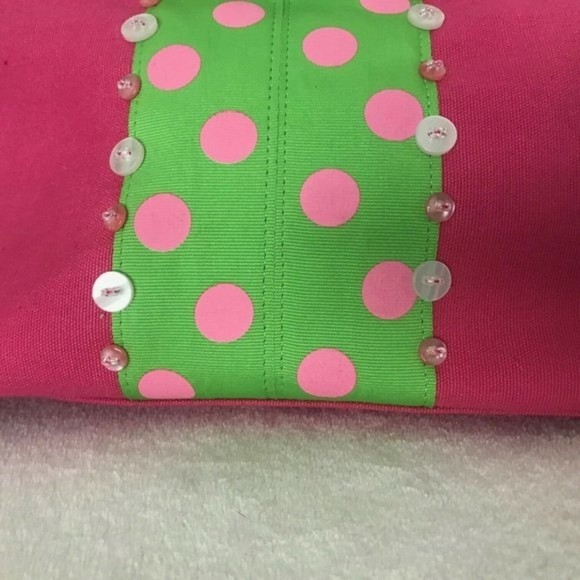 Madison Studio Polka Dots Purse Clutch Wooden Handles Pink Green Embellished - Picture 4 of 9